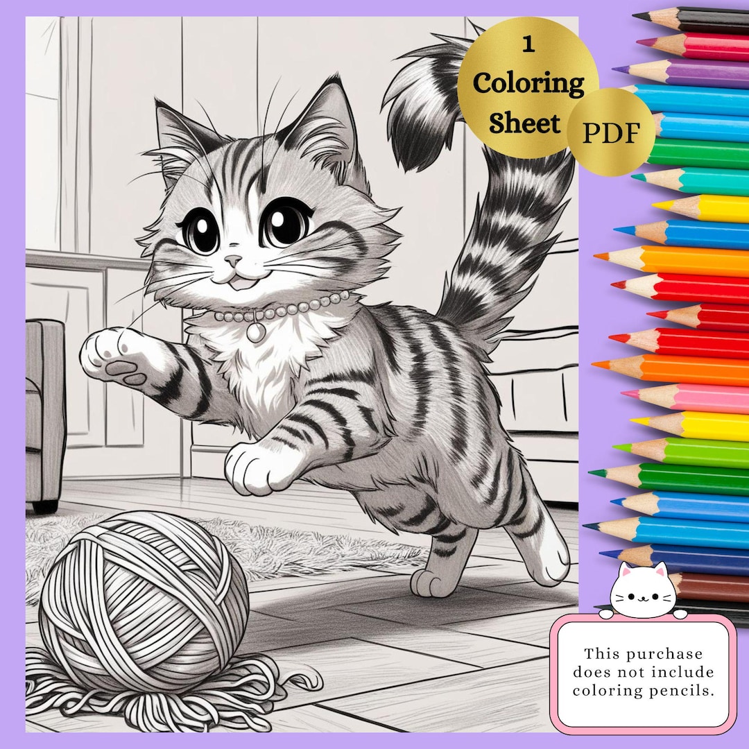 Cat Coloring Page | Kitty Playing With Yarn | Cat Lovers| Printable PDF ...