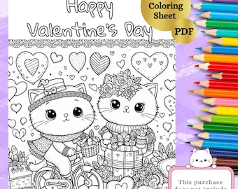 Kleurplaat Valentijnsdag met katten| Ontwerp met Kawaii kattenliefhebbers| Afdrukbare pdf |Kleuren voor kinderen volwassenen tieners