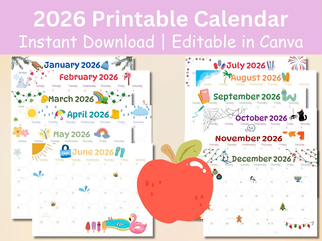 2026 Kids Monthly Wall Calendar, EDITABLE, Printable PDF - Etsy
