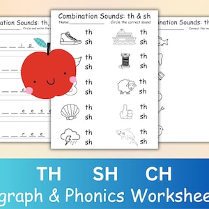Hojas de trabajo de fonética de dígrafos, Th Sh Ch Blend, alfabetización K-2 (descarga digital)