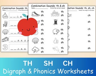 Digraph Phonics Worksheets, Th Sh Ch Blend, K-2 Literacy (Digital Download)