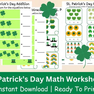 May include: Printable St. Patrick's Day math worksheets for kids. The worksheets feature addition and counting activities with shamrocks, gold coins, leprechaun hats, and rainbows.