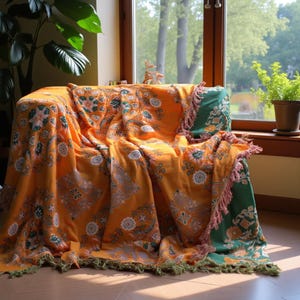 Vintage Bohemian Floral Throw Blanket | Reversible Cotton Muslin Sofa Cover with Tassels | Cozy All-Season Bedspread | Nordic Artisan Decor