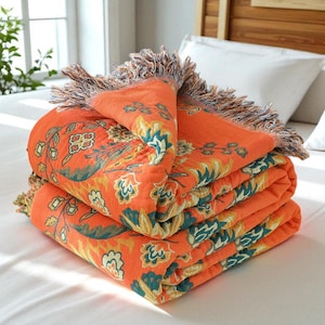 Boho Floral Muslin Throw Blanket,Luxury Reversible Cotton Gauze with Tassels,Lightweight Sofa,Bed Cover,Nordic Scandi Forest-Inspired Decor