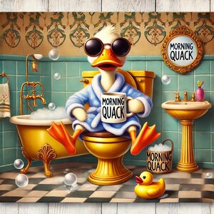 Morning Quack: Quirky Duck Bathroom Art with Coffee Charm