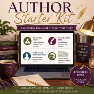 Puede incluir: Una pantalla de portátil muestra un Author Starter Kit con cuatro secciones: Book Idea Vault, Title & Name Bank, Character Profile Tracker y World & Character Generator. La pantalla incluye el texto Everything You Need to Start Your Story.