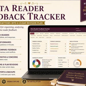 Puede incluir: Un rastreador digital de comentarios de lectores beta mostrado en la pantalla de una computadora portátil, con un panel de control que incluye resumen de comentarios, consenso y tareas de revisión. La interfaz muestra gráficos y listas.