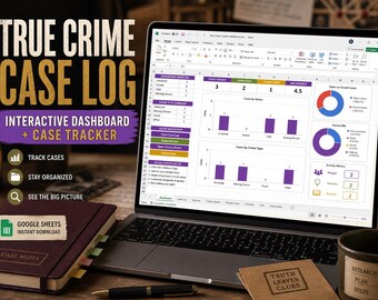 Feuille de calcul du journal des affaires de crime avéré | Google Sheets et outil de suivi Excel pour les cas, les sources, les suspects et les chronologies | Téléchargement numérique de fans de True Crime