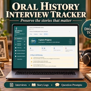 Op de afbeelding: Een laptopscherm toont de interface van de Oral History Interview Tracker-software, met een dashboard voor voortgang van opnames, aantal vertellers en logboeken van interviewsessies. Het scherm toont tekst zoals Voices of the Bellweather Family.