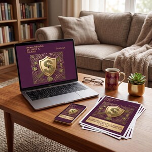 May include: A laptop, smartphone, and printed materials on a wooden table. The laptop and phone display a gold shield graphic with the text "Scam Shield: IS THIS A SCAM?" A mug, glasses, and a small plant in a gold pot are also on the table.