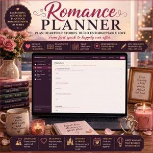 May include: A digital romance planner displayed on a laptop screen, surrounded by a mug with text, a spiral notebook, a candle, and a framed sign reading Every love story that is planned with heart. The interface features character planning fields.