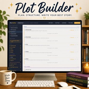 Peut inclure: Un écran d'ordinateur affichant l'interface du logiciel Plot Builder avec une barre latérale bleu foncé et un espace de travail blanc. L'écran présente du texte incluant Opening Image, Theme Stated, Setup, Catalyst et Debate. Un clavier et une souris blancs sont posés devant.