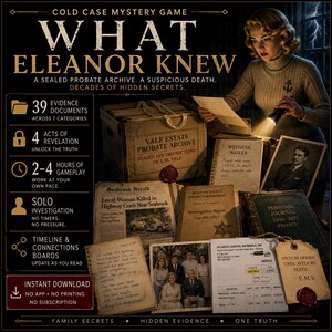 Op de afbeelding: Een Cold Case Mystery-spel getiteld What Eleanor Knew, met een doos gelabeld Vale Estate Probate Archive, bewijsdocumenten, getuigennotities, een krant, een onderzoeksrapport, een persoonlijk dagboek en een factuur met een label met de tekst Unto Be Opened Until After My Death.