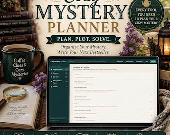 Agenda mystérieux douillet — Feuille de travail pour l'intrigue de roman | Outil d'auteur interactif | Téléchargement numérique | Fonctionne dans le navigateur