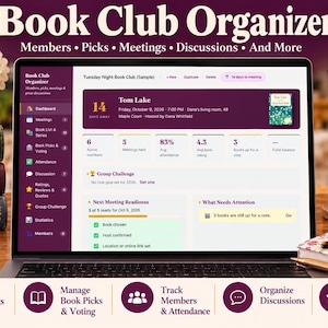 Pode incluir: Um computador portátil exibindo uma interface de software Book Club Organizer com um painel mostrando detalhes de reuniões, estatísticas de membros e desafios de grupo. A tela inclui texto como Book Club Organizer, Members, Picks e muito mais.