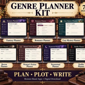 May include: A digital genre planner kit featuring seven browser-based apps for writers. The display shows interfaces for Fantasy, Romance, Cozy Mystery, Horror, Women's Fiction, Paranormal, and Thriller planners, each with fields for premise, logline, and character details.
