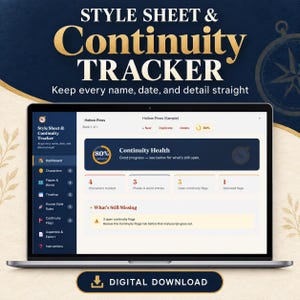 May include: A digital Style Sheet & Continuity Tracker displayed on a laptop screen. The interface shows a dashboard with sections for characters, places, timeline, and continuity flags, featuring a progress bar at 80% and a digital download button.