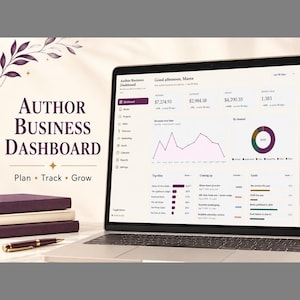 May include: A laptop displaying an Author Business Dashboard with financial data, revenue charts, and book sales metrics. The screen shows text including Author Business Dashboard, Plan, Track, Grow, and Good afternoon, Maren, alongside a dark purple pen and stacked books.