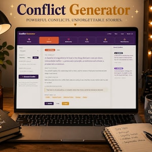 May include: A laptop screen displaying the Conflict Generator web application with a purple and white interface. The screen shows text about a character facing a conflict, with navigation tabs for internal, external, and relationship categories.