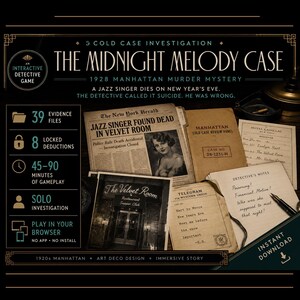 May include: The Midnight Melody Case interactive detective game features 39 evidence files, 8 locked deductions, and 45-90 minutes of gameplay. Includes a New York Herald newspaper, a Manhattan cold case file, a telegram, and handwritten detective notes.