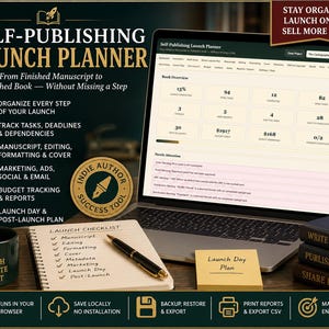 Könnte beinhalten: Ein digitaler Selbstveröffentlichungs-Planer auf einem Laptop-Bildschirm mit Dashboard zur Aufgabenverfolgung, Budgetverwaltung und Projektstatus. Das Set umfasst ein physisches Notizbuch mit Checkliste, einen Stift und eine Tasse.