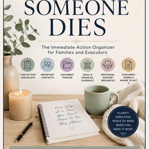 May include: A softcover notebook with the text "One Step at a Time, You Don't Have to Do This Alone" sits next to a lit candle, a pen, and a mug of tea. The image promotes a printable and digital organizer.