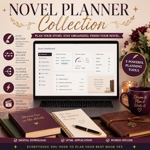 Pode incluir: Uma coleção de planejadores de romance digital em uma tela de laptop mostrando um painel de controle com visão geral do projeto, linha do tempo e rastreador de cenas. Inclui um caderno roxo, bloco de notas espiral e caneca roxa.