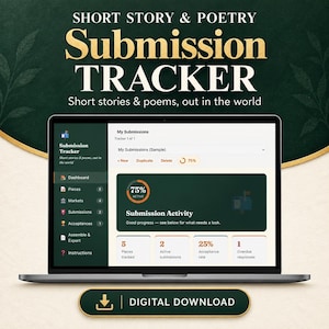 May include: A digital short story and poetry submission tracker displayed on a laptop screen. The interface features a dark green dashboard with sections for pieces, markets, and acceptances, alongside a progress chart showing 75% active status.