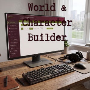 Peut inclure: Un écran d'ordinateur affichant une interface World & Character Generator avec une barre latérale sombre et un panneau principal blanc. Un clavier mécanique noir, une souris et un casque audio noir sont posés sur un bureau en bois.