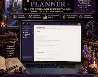 Agenda de romans fantastiques — Feuille de travail pour la construction d'un monde et l'intrigue | Outil d'auteur interactif | Téléchargement numérique
