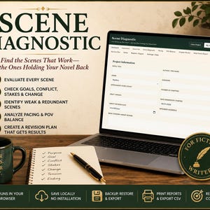 May include: A laptop displaying the Scene Diagnostic software interface, a dark green mug with the text Better Scenes. Better Story., a spiral notebook with a list of writing elements, and a black pen. A circular badge reads For Fiction Writers.