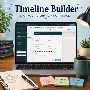 Op de afbeelding: Een laptopscherm toont de interface van de Timeline Builder-software met een Add Event-pop-upvenster. Het scherm toont de tekst Timeline Builder en Map Your Story. Stay On Track. Een notitieboek, een pen en drie plakbriefjes liggen op het bureau.