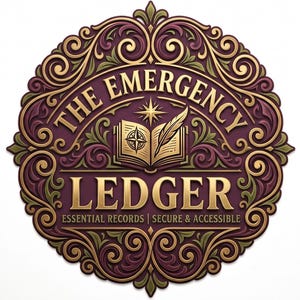 May include: A decorative emblem with the text "THE EMERGENCY LEDGER" in gold lettering. The design features an open book, compass, and feather, with the words "ESSENTIAL RECORDS | SECURE & ACCESSIBLE" below. The color scheme includes burgundy, gold, and green.