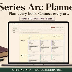May include: A digital Series Arc Planner displayed on a laptop screen, featuring a dashboard with a timeline for fiction writers. The screen shows book titles like The Salt-Bound Queen and The Starlight Reckoning. Text includes Plan every book. Connect every arc.