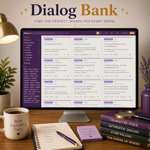May include: A computer monitor displays the Dialog Bank website with a grid of regional idioms. On the desk, a mug reads Write Captivating Dialog, a spiral notebook contains a list of dialog ideas, a purple sticky note, and a stack of books.