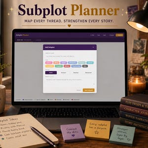 May include: A laptop screen displays the Subplot Planner interface with an Add Subplot modal window. The screen shows various colored tags for subplot types and status options. A notebook with handwritten ideas, a pen, and sticky notes sit nearby.
