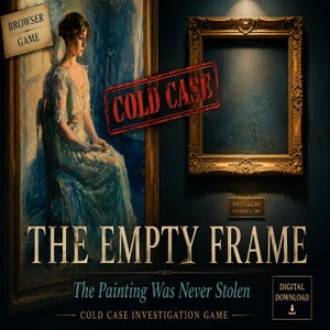 Op de afbeelding: Een browsergame als digitale download genaamd The Empty Frame, met een schilderij van een persoon in een blauwe jurk, een versierde lege gouden lijst en een rode stempel met COLD CASE. Tekst bevat West Gallery October 14, 1987 en The Painting Was Never Stolen.