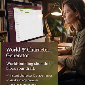 Peut inclure: Un écran d'ordinateur affichant une interface logicielle World & Character Generator avec une liste de noms. L'écran affiche le texte World & Character Generator, World-building shouldn't block your draft, et une liste de fonctionnalités.