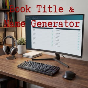 Puede incluir: Un monitor de computadora que muestra una interfaz Book Title & Name Generator sobre un escritorio de madera. El equipo incluye un teclado mecánico negro, un ratón inalámbrico, auriculares en un soporte, una suculenta y un cuaderno.