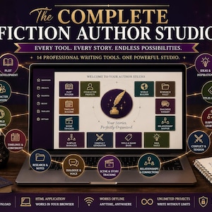 Könnte beinhalten: Ein Laptop-Bildschirm zeigt die Benutzeroberfläche The Complete Fiction Author Studio mit verschiedenen Schreibwerkzeug-Symbolen, darunter eine zentrale Feder und ein Tintenfass, umgeben von Textbeschriftungen und runden Navigationsschaltflächen.