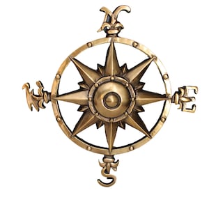 May include: A detailed, antique-style compass rose in a warm brass tone. The compass features a central star design, surrounded by a circular frame with directional indicators and decorative flourishes. The compass is isolated on a white background.
