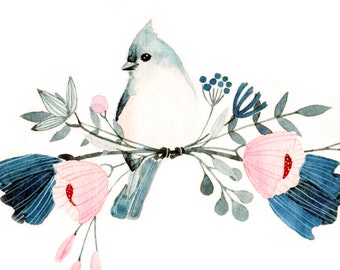 Titmouse Floral Print Winter Blossoms Pink Blue Bird