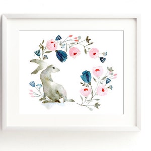 Grey Hare Winter Garden Illustration Pink Blue Wreath Print image 2