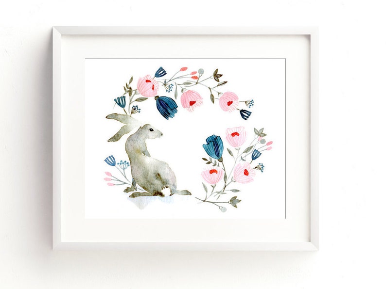 Grey Hare Winter Garden Illustration Pink Blue Wreath Print image 2