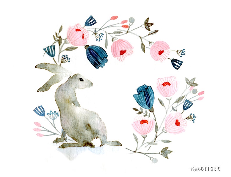 Grey Hare Winter Garden Illustration Pink Blue Wreath Print image 1