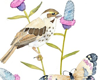 Savannah Sparrow, Bird Painting, Watercolor Art, Botanical, Woodland Art, Wall Art, Bird Illustration