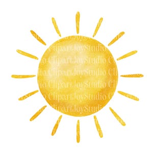 May include: A watercolor illustration of a yellow sun with radiating rays. The sun has a textured appearance and is set against a white background. The text "Clipart Joy Studio" is visible on the sun.