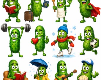 Funny Pickle Clipart Bundle - Printable Cucumber PNG images (digital download)