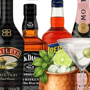May include: A digital illustration of assorted alcoholic drinks, such as Baileys Irish Cream, Jack Daniel's whiskey, Aperol, and champagne. A copper mug with ice, lime, and mint, and a martini glass with olives are also featured. The text "45 PNG COMMERCIAL USE INCLUDED" is at the top.