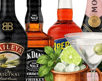 Alcohol Drinks Clipart Bundle - Printable Watercolor Cocktails PNG images (digital download)